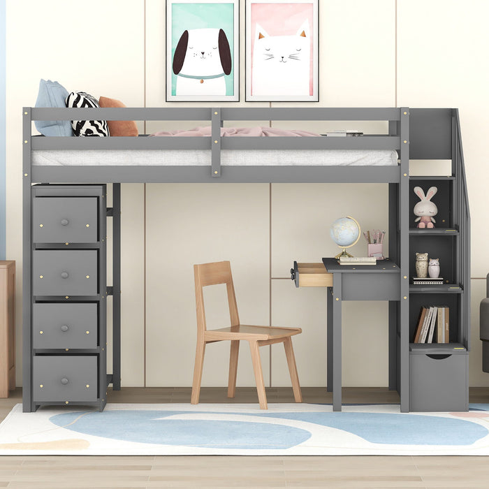 Loft Bed With Storage Drawers, Desk And Stairs With Shelves