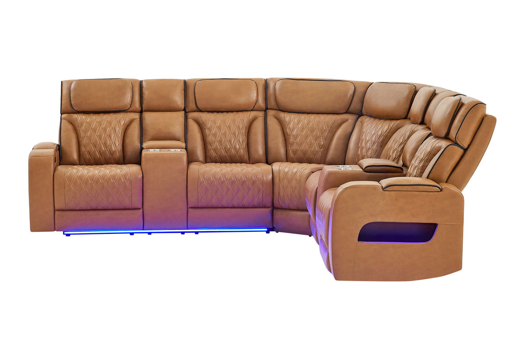 U8611 - Sectional With Power Headrest, Continuous LED And Speaker - Brown