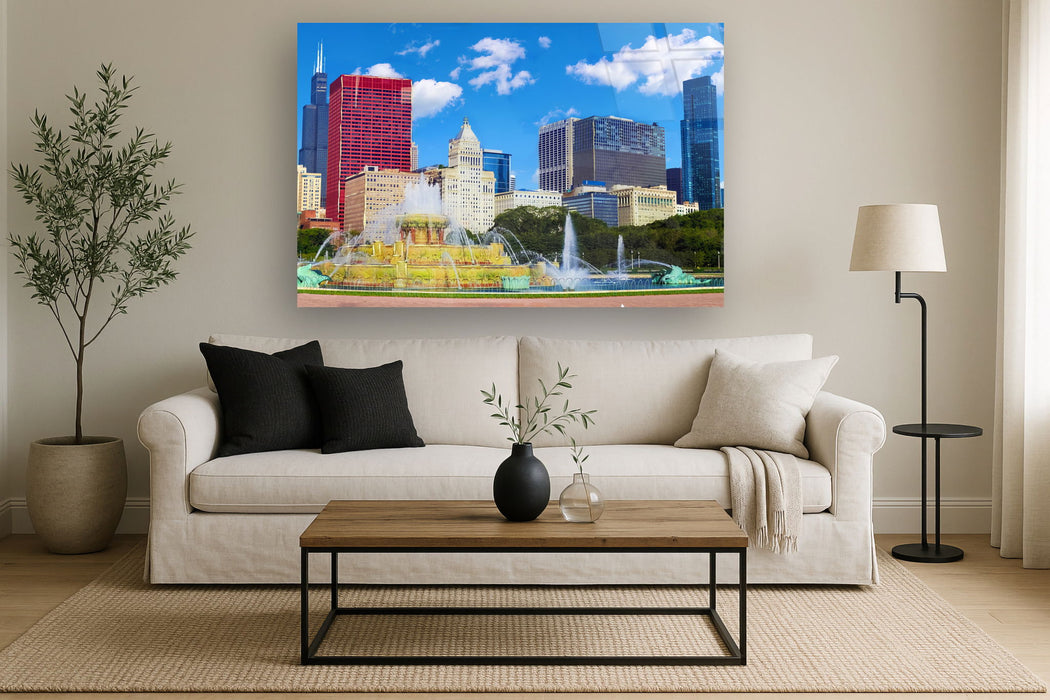 Tempered Glass With Foil - Chicago Skyline - Light Blue