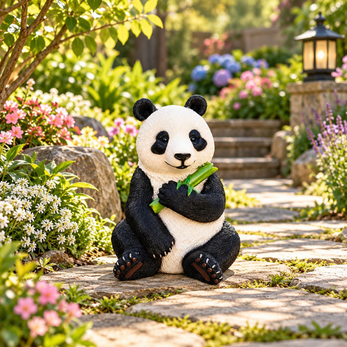 Panda Garden Statue, Sitting Animal Sculpture With Bamboo For Patio - Black White