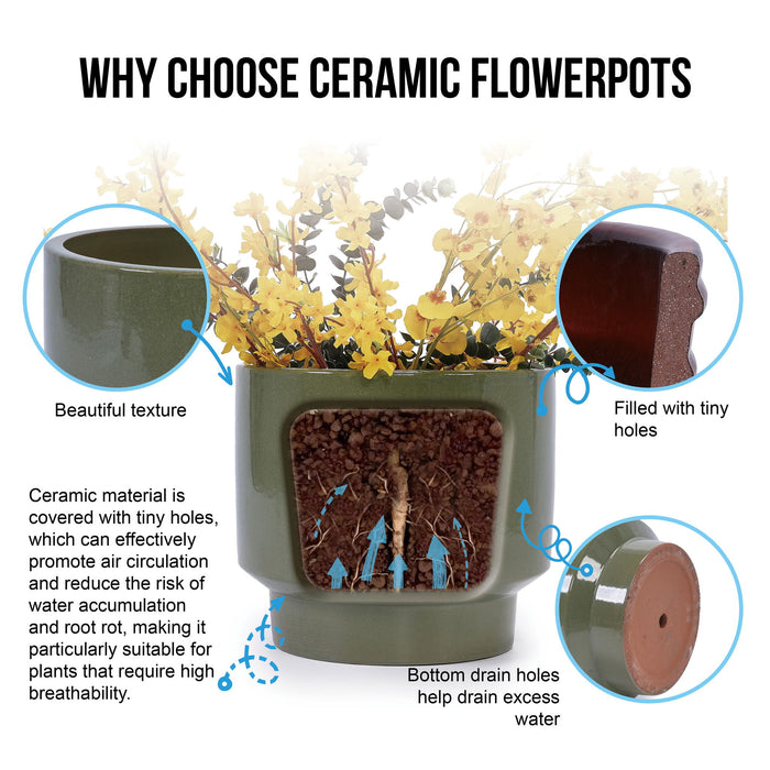 3 Pieces Ceramic Flowerpot, Planter For Patio, Garden Or Windowsills - Antique Light Green