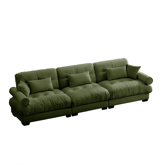 Modern Velvet Sofa With Bolstered Armrests And Pillows