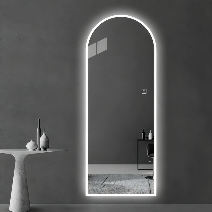 LED Full Length Wall Mirror With Symmetrical Arch Design, Dimmable 3 Color Temperature Lighting - Silver