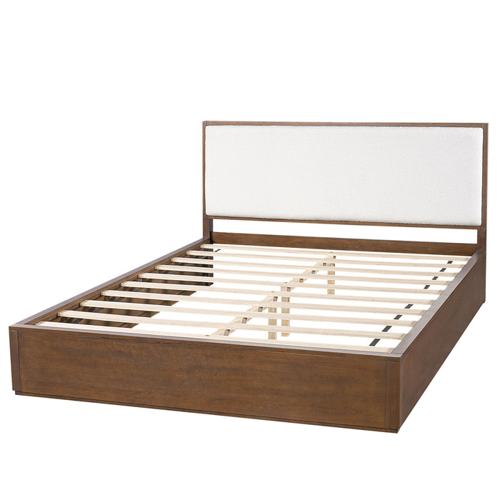 Queen Low Profile Design Bed With Upholstered Headboard - Beige / Walnut Brown
