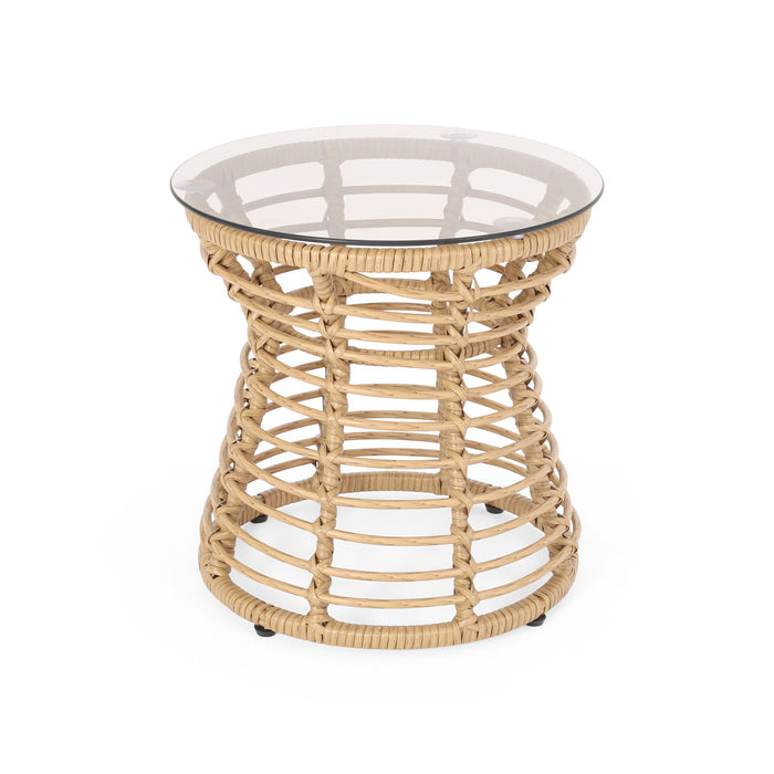San Pedro - Boho Style Side Table With Tempered Glass Top - Light Brown Rattan