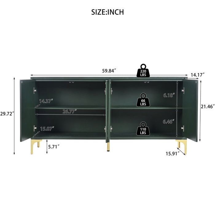 Modern Wood Sideboard Cabinet With Carved Door Panels, Adjustable Shelves, And Sturdy Metal Legs