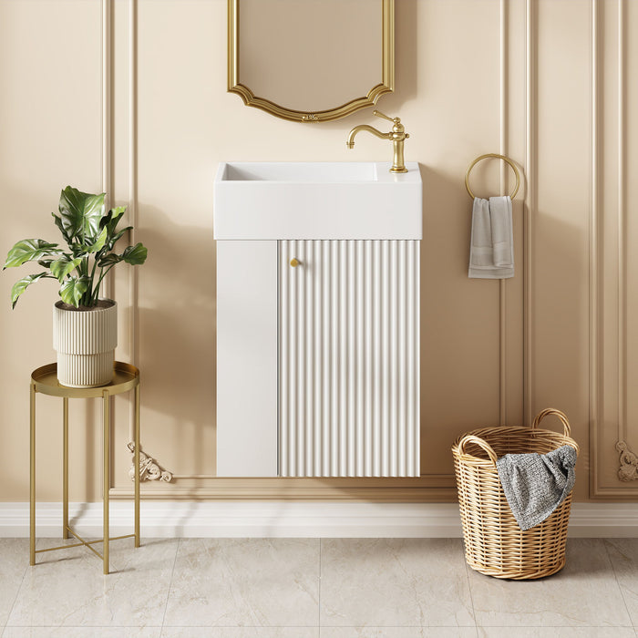 Floating Bathroom Vanity With Resin Basin, Left Side Storage - White