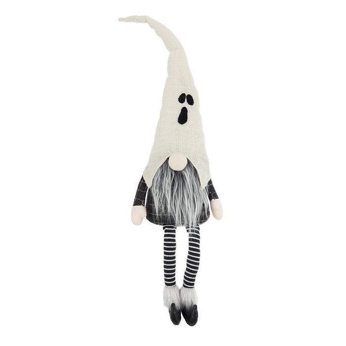 Sitting Gnome With Ghost Hat, For Halloween Decor - Black White