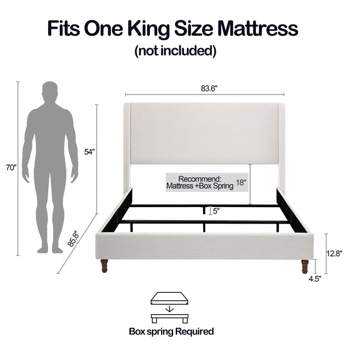 Hayden - King Size Upholstered Wingback Bed With And Tall 54" Headboard - Ivory