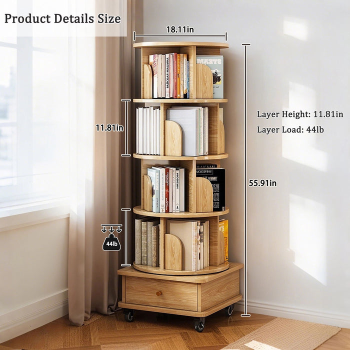 Rotating Bookshelf With Wheels And Drawer, 360° Spinning Design, Space Saving Storage