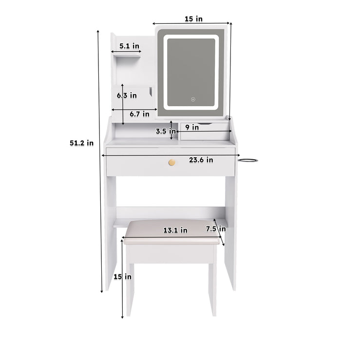 3 Color LED Vanity Mirror With Stool, 2 Drawers & 5 Storage Cabinets, Adjustable Lighting - White