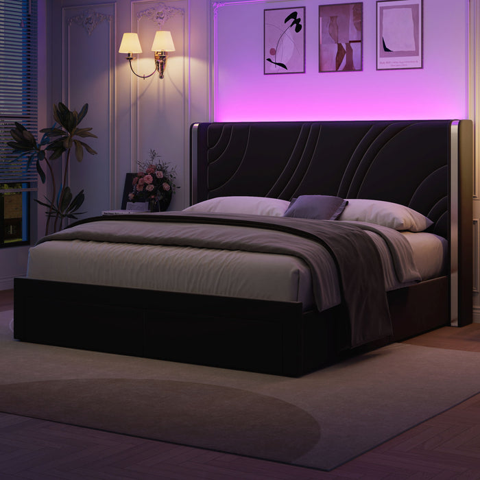 Modern Upholstered LED Bed Frame With Storage Drawers, Wingback Headboard, RGB Light