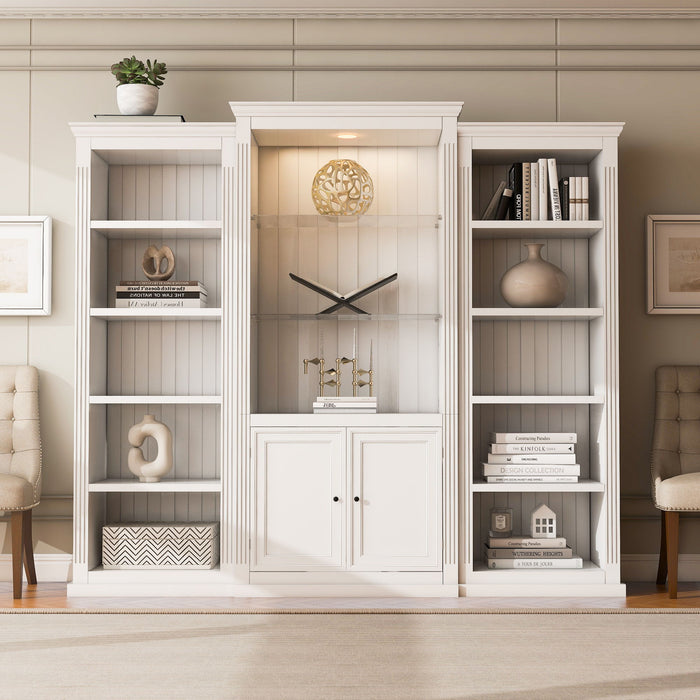 Retro Style 3 Piece Bookcase Display Cabinet With Adjustable LED Lighting, Tempered Glass Shelves - White