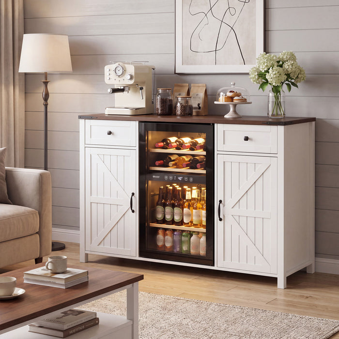 Coffee Bar With Mini Fridge Space & Built In Charging Station, Large Bar Cabinet With Drawers & Adjustable Shelves For Kitchen - White