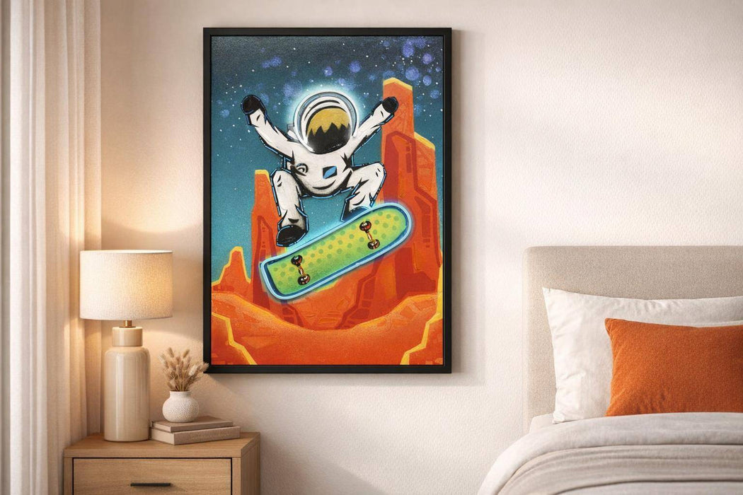 Kuiper Belt Kick-Flip By Joy Hernandez Hand-Embellished LED Canvas In Frame - Red / Teal