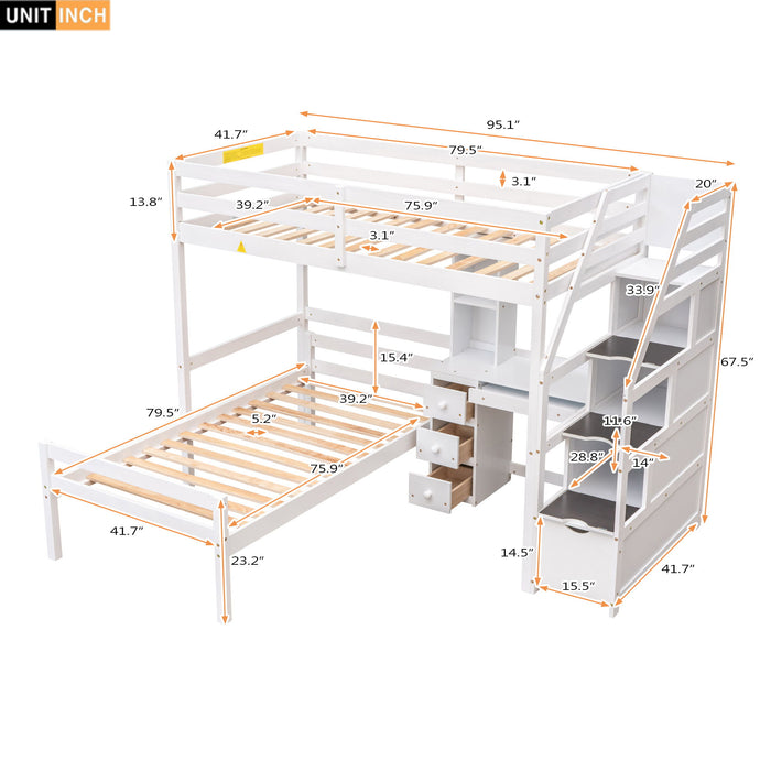 Loft Bed With Stand Alone Bed, Storage Staircase, Desk, Shelves, And Drawers