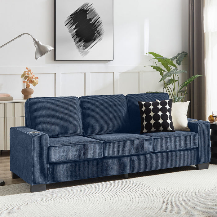 Modern Corduroy Fabric Sofa, 3 Seater Compressed Couch With Cup Holders