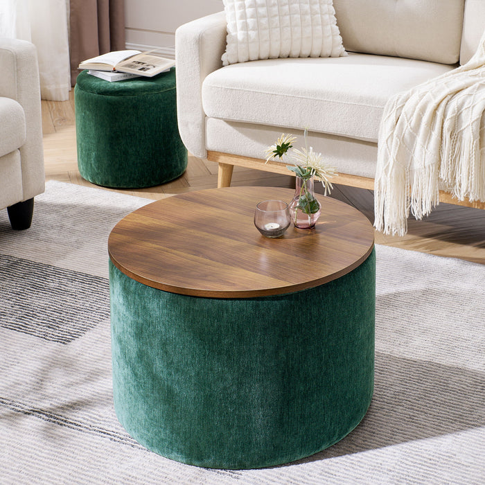 Classic 2 Piece Round Storage Ottoman Set With Drum Shaped Stool