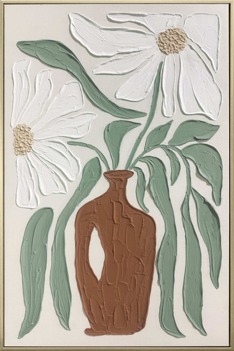 Clay Vessel Blooms II - 24 X 35 - Hand-Painted Canvas In Frame - Textured, White, Sage Green, Terracotta Brown, Beige, Champagne Frame