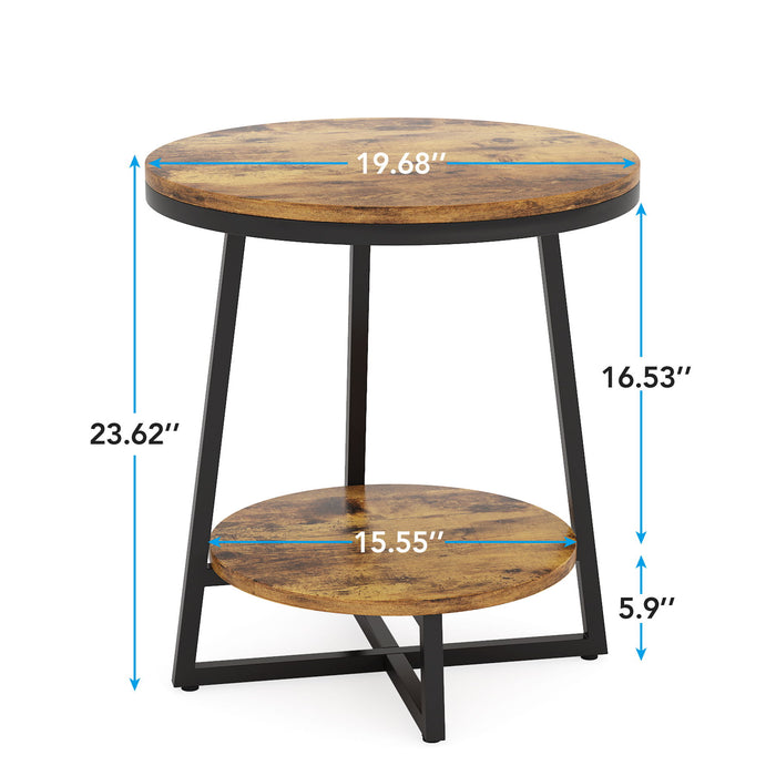 Round End Table With Hairpin Legs, 2 Tier For Living Room - Rustic Brown