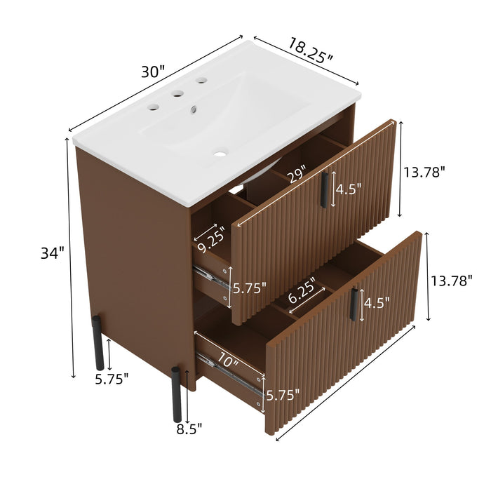 Fluted Bathroom Vanity With Ceramic Sink, Freestanding Design