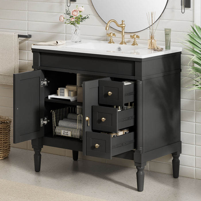 Bathroom Vanity With Ceramic Sink, 2 Doors 3 Drawers, Soft Close Design