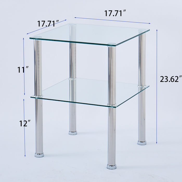 Modern 2 Piece Side Table With Storage Shelf, Tempered Glass, Space Saving Design - Clear