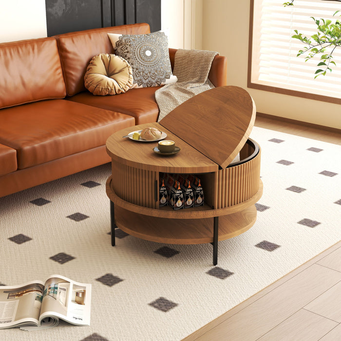 Flip-Top Round Coffee Table With Storage - Brown