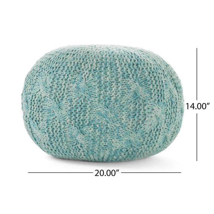 Deon - Knitted Pet Yarn Round Pouf With Classic Cable Knit Design - Aqua