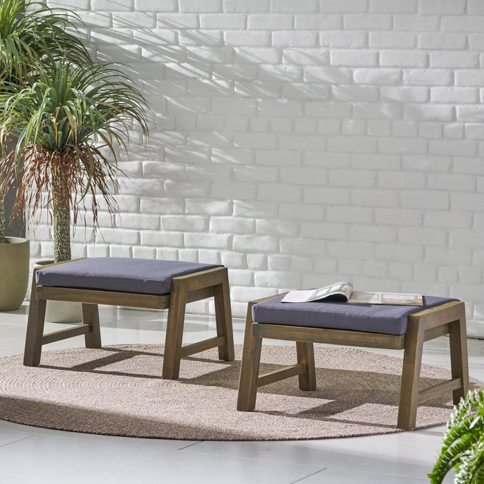 Acacia Wood Outdoor Ottomans With Cushion, (Set of 2)