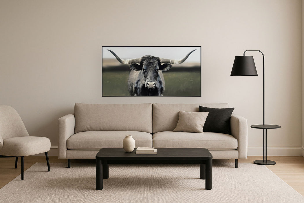"Majestic Longhorn" Hand-Embellished Canvas In Frame - Gray / White / Green