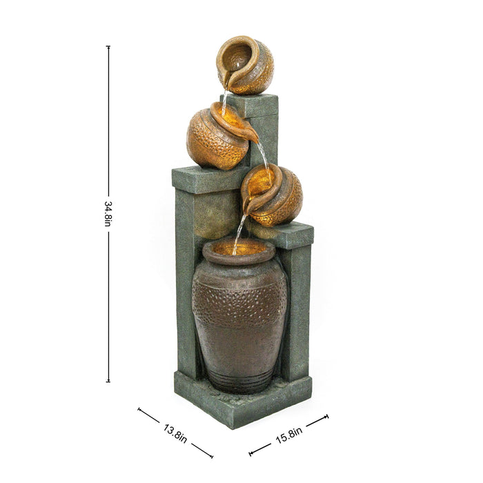 4 Tier Outdoor Water Fountain With Warm LED Lights For Patio - Brown / Tan