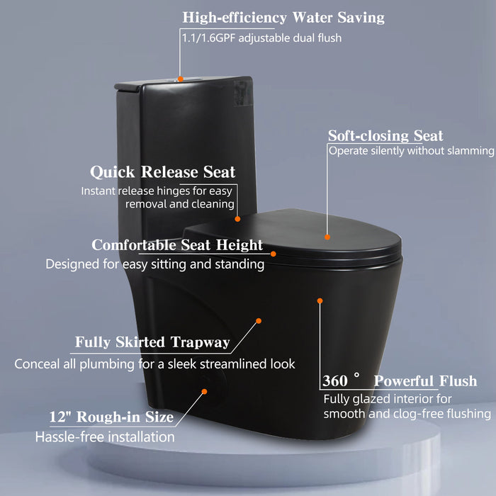 1.1 / 1.60 Gpf Dual Flush 1 Piece Toilet, Water Saving Elongated Comfort Height Floor Mounted, Soft Close Seat, 1000 Gram Map Flushing Score Toilet - Matte Black
