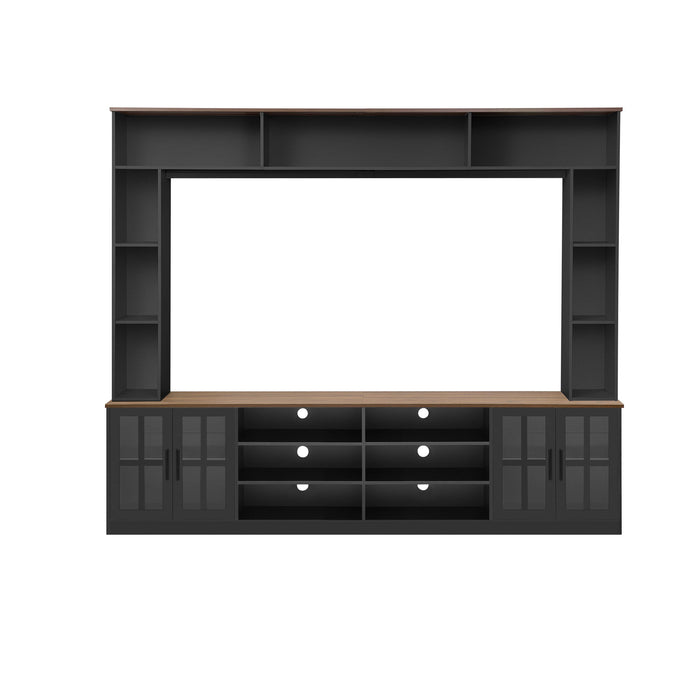Wall Unit Entertainment Center With Bookshelves For TVs Up To 80", Tempered Glass Doors And Adjustable Shelves