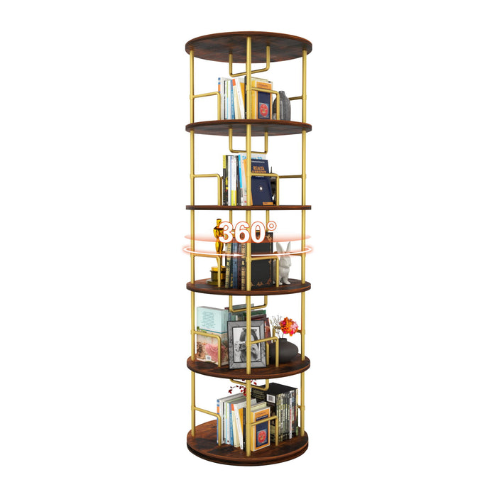 5 Tier 360 Rotating Bookshelf, Display Round Floor Standing Swivel Bookcase For Bedroom - Golden