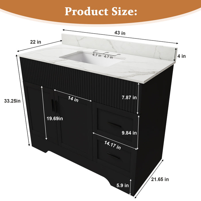 Bathroom Vanity Set, Fluted Cabinet, 3 Faucet Holes, Sink Included - Black