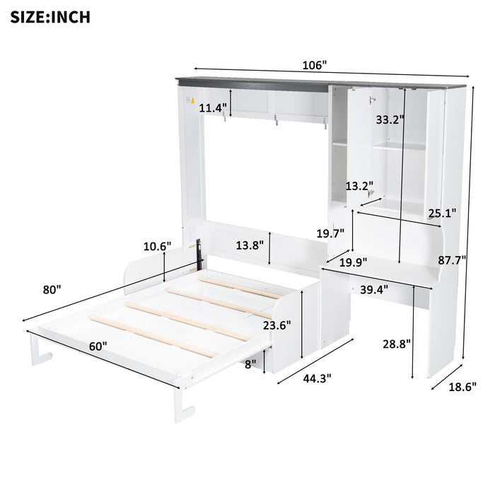Multi Functional Murphy Bed With Sofa, Desk, And Storage Cabinet, Queen Size - White