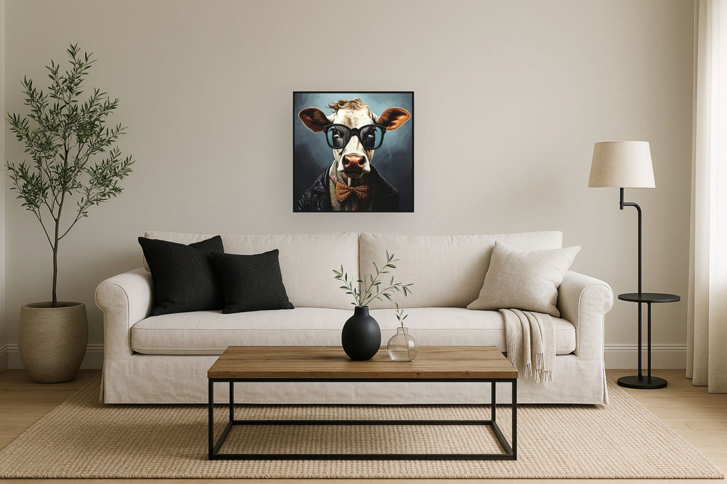 Hipster Bowtie Bovine - 25" x 25" Framed Wall Art