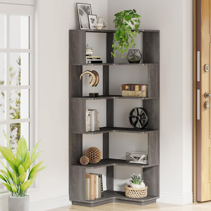 6 Tier Corner Bookshelf, L-Shaped Freestanding Shelf With Anti Drop Panels