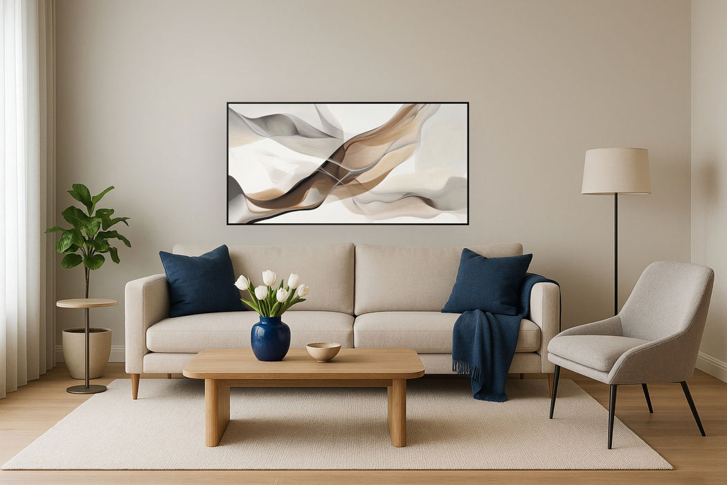 "Ethereal Waves" Hand-Embellished Canvas In Frame - Neutral / Beige / Brown