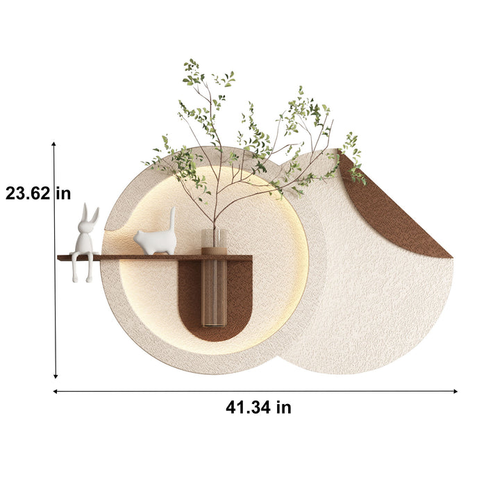 Adjustable 3 Color LED Sandstone Double Disc Wall Art With Simulated Greenery, Vase & Rabbit Statue - Light Coffee