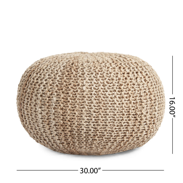 Handmade Jute Pouf With Cable Knit Pattern - Natural