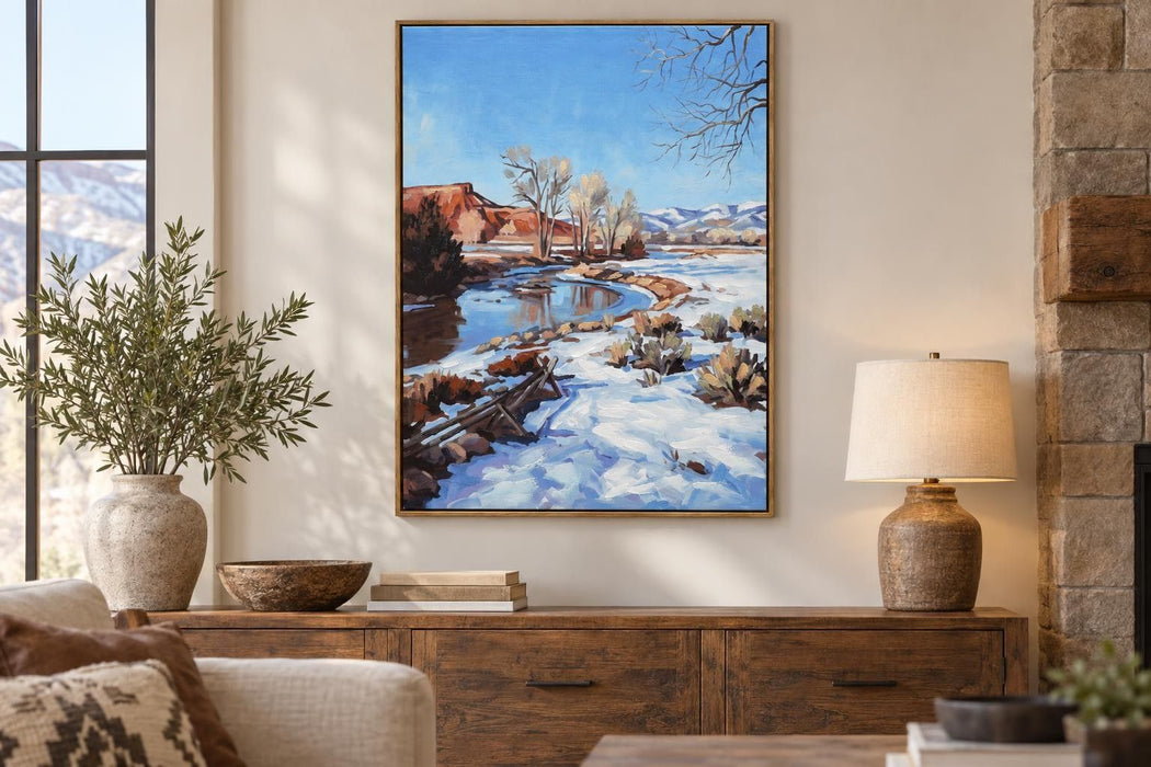 Snow Along The Mesa - 35 X 47 - Hand-Embellished Canvas In Frame - Blue, White, Brown