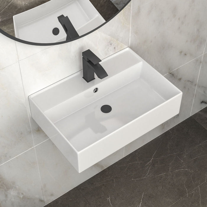 Modern Ceramic Rectangular Wall Mounted Bathroom Sink With Faucet Hole & Overflow