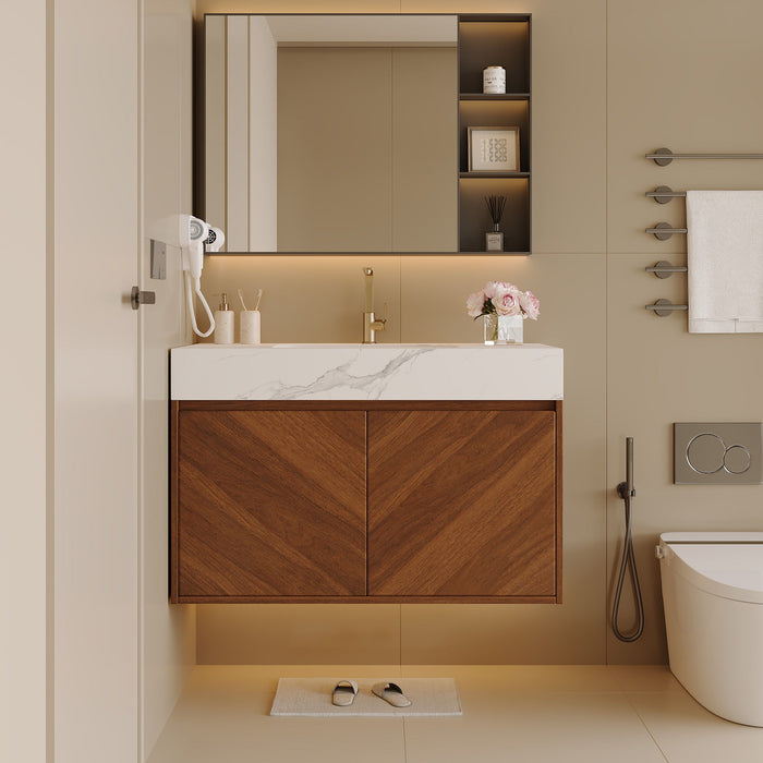 Wall Mounted Bathroom Vanity With Sink, Soft Close - Walnut / White