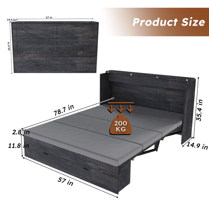 Murphy Bed With Storage Drawers And Charging Cabinet, Foldable Panels, Swivel Wheels