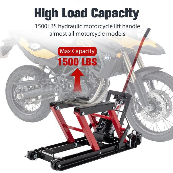 Hydraulic Motorcycle Lift Jack With 1500 Lbs Capacity And Foot-Operated Scissor Lift - Red