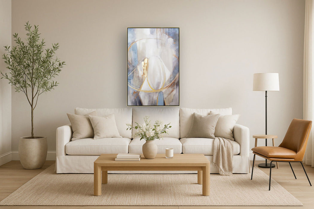 Hand Painted Textured Canvas With Foil In Frame Focused Abstract - Blue