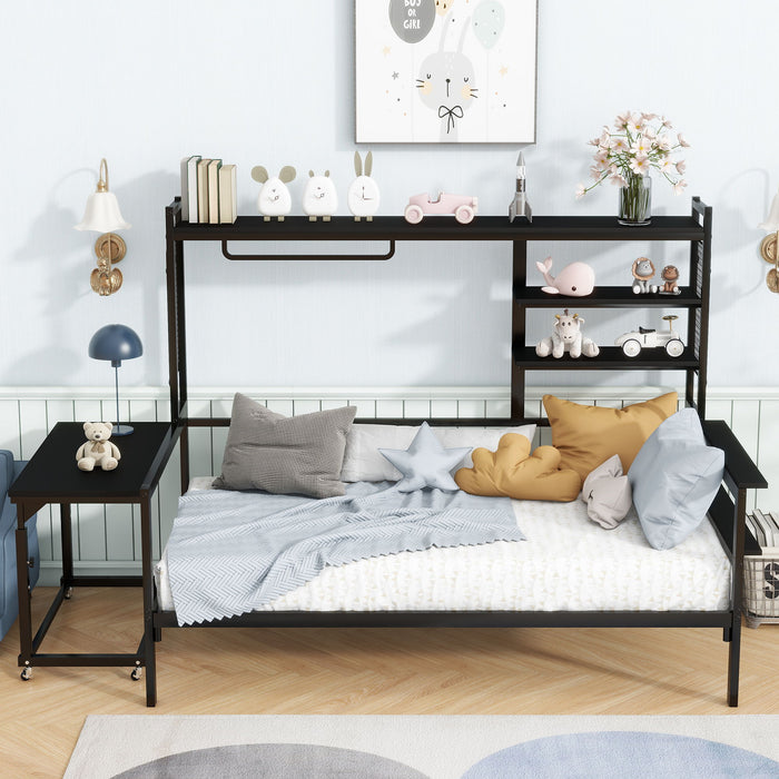 Daybed With Movable Desk, Grid, Shelves And Clothes Hanger