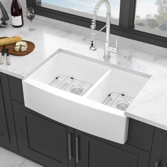 Sink 33" Double Bowl 60 / 40 Kitchen Sink With Deep Basin And Grids - White